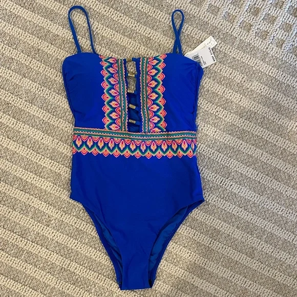 Vibrant Blue and Pink Patterned One Piece Swimsuit - Picture 1 of 5